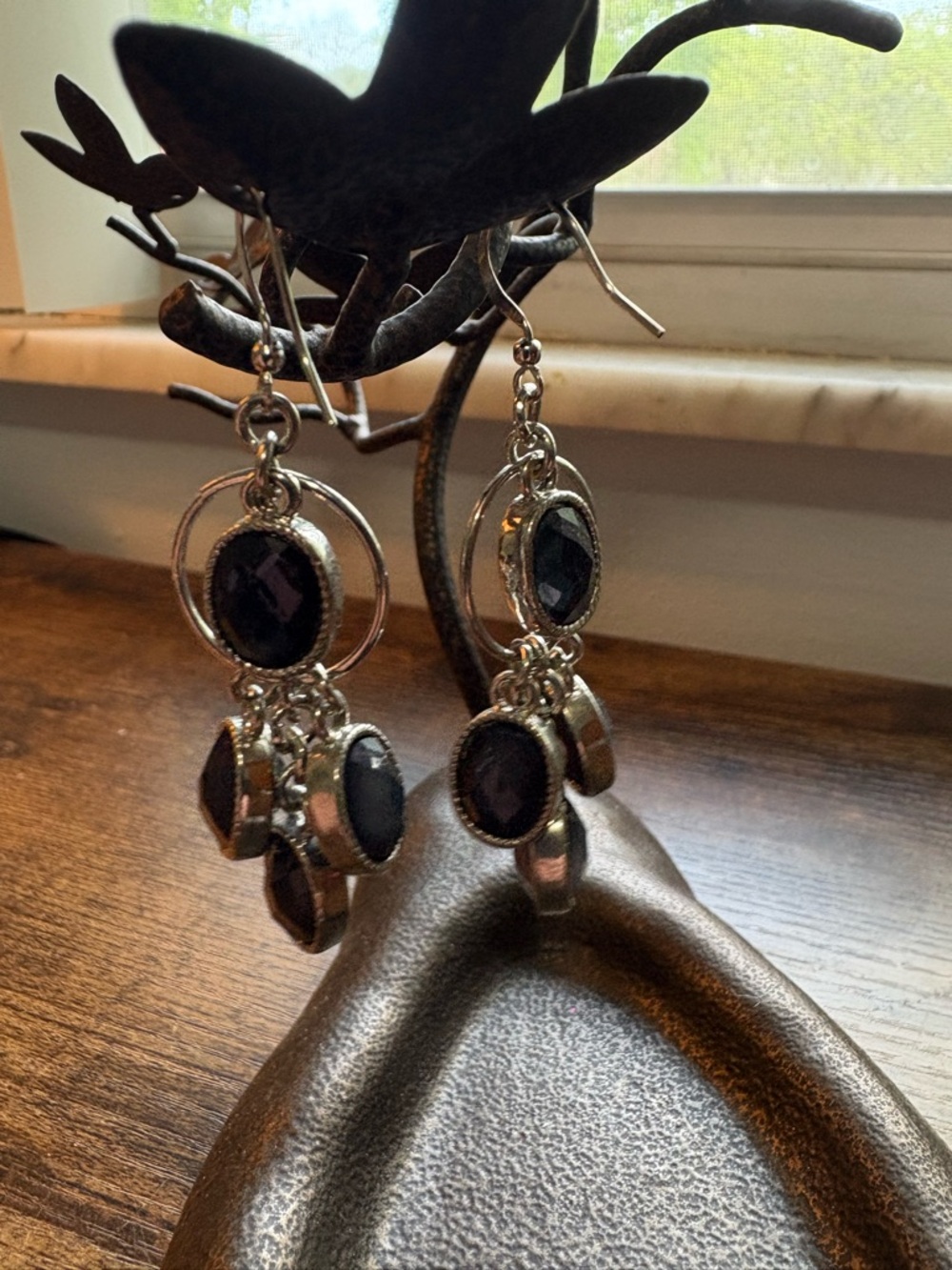 Silver Drop Earrings with Navy Blue Stones